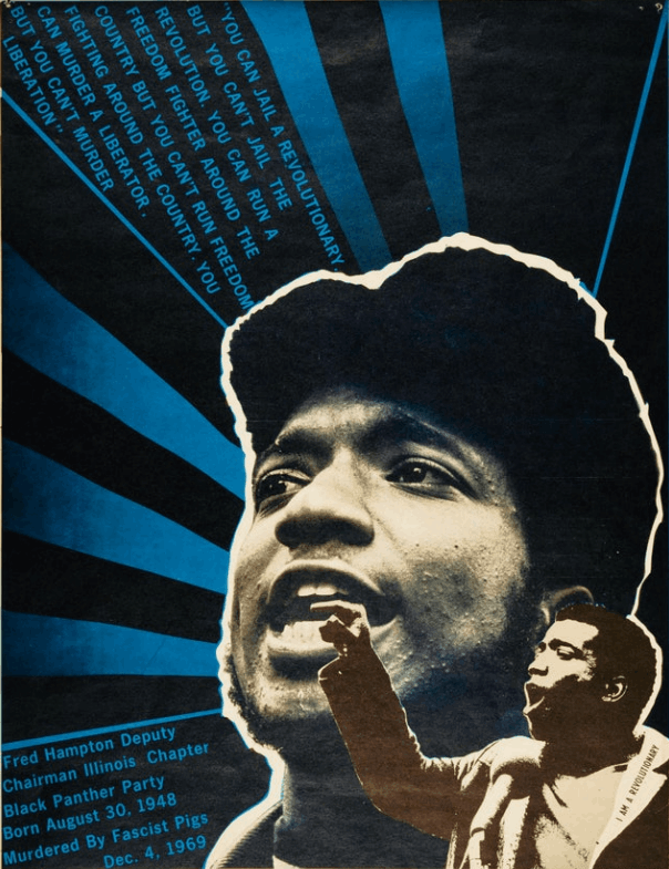Fred Hampton depicted in blue and black artwork by Emory Douglas